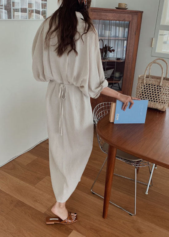 Handgemachtes Helles Schokoladen Fledermausflügel Ärmel Patchwork Baumwoll Shirt Kleid Langarm