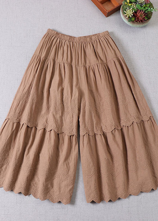 Handgemachte hellbraune bestickte Patchwork-Baumwollhose Frühling