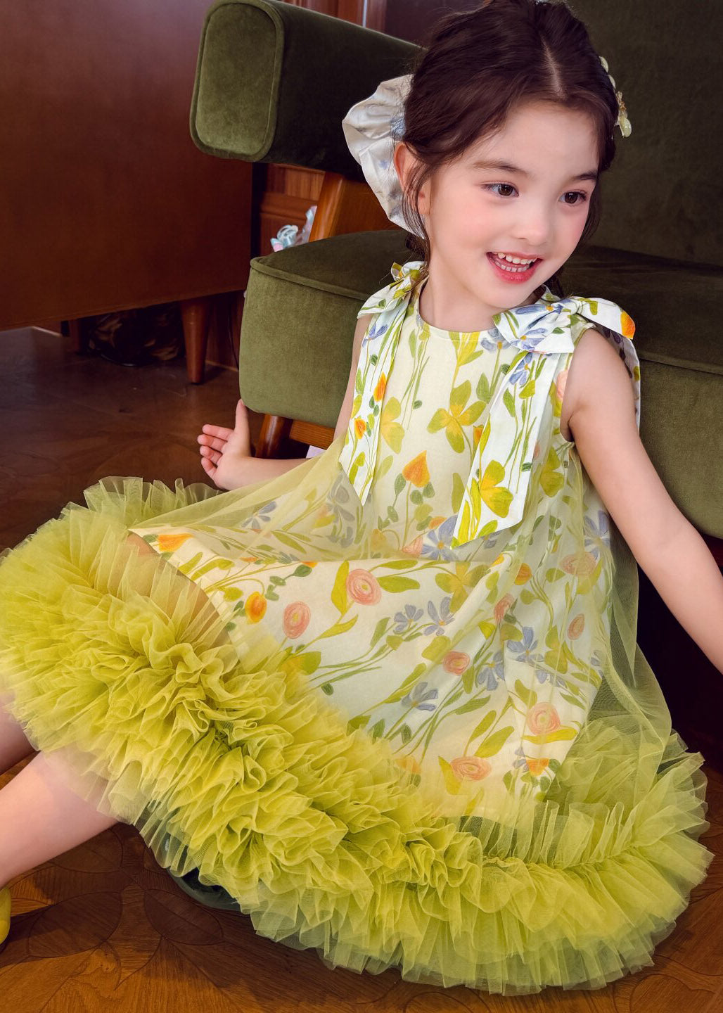 Handmade Light Green Print Patchwork Tulle Girls Maxi Dress Summer