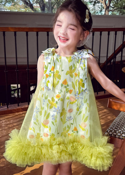 Handmade Light Green Print Patchwork Tulle Girls Maxi Dress Summer