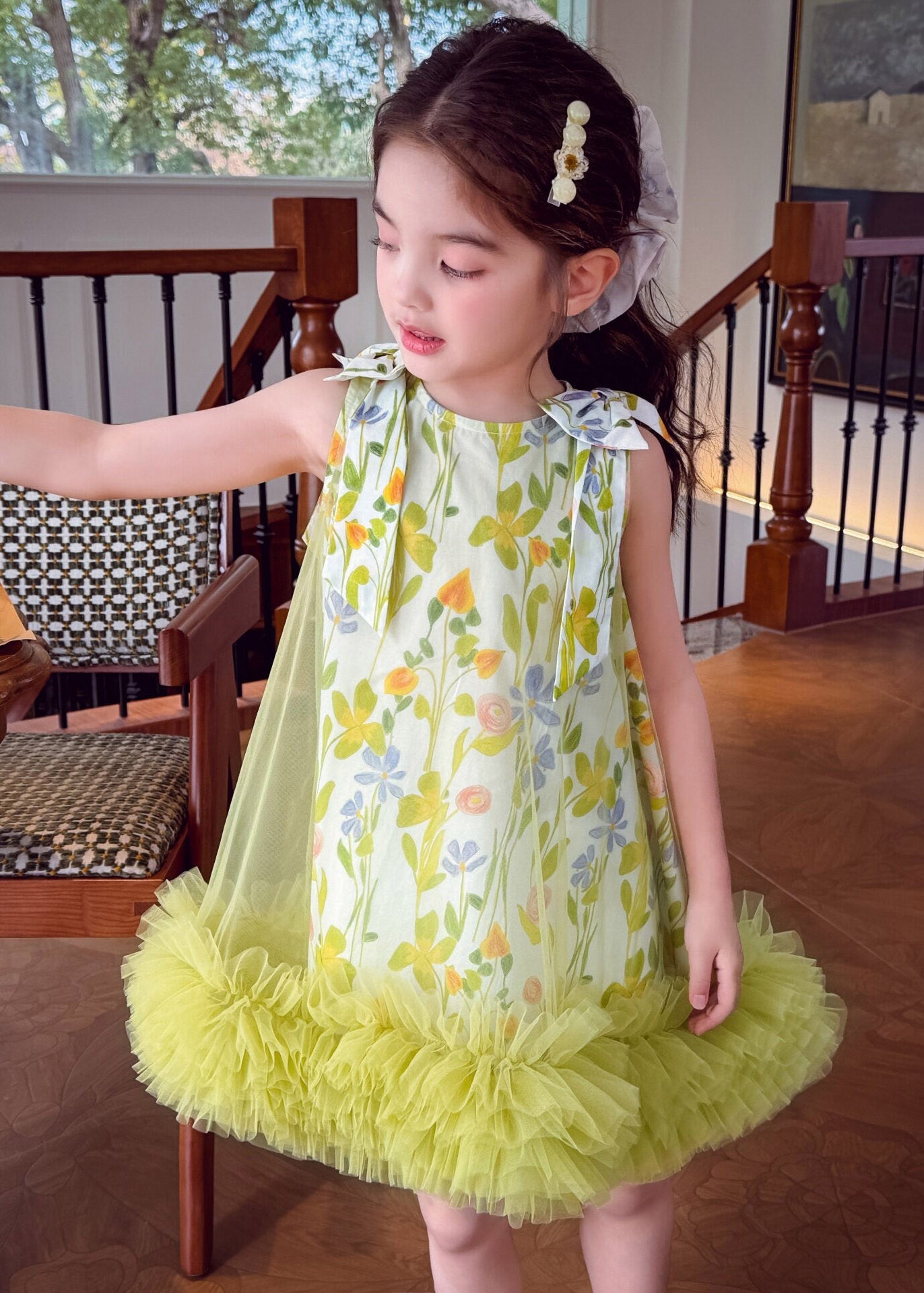 Handmade Light Green Print Patchwork Tulle Girls Maxi Dress Summer