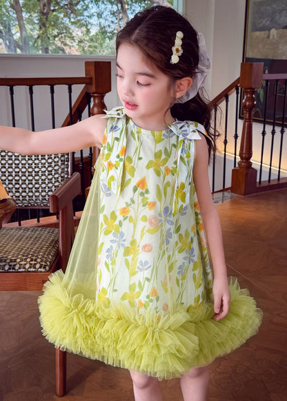 Handmade Light Green Print Patchwork Tulle Girls Maxi Dress Summer