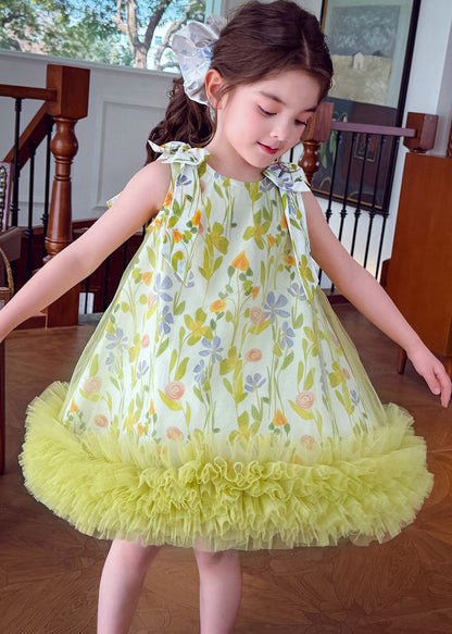 Handmade Light Green Print Patchwork Tulle Girls Maxi Dress Summer
