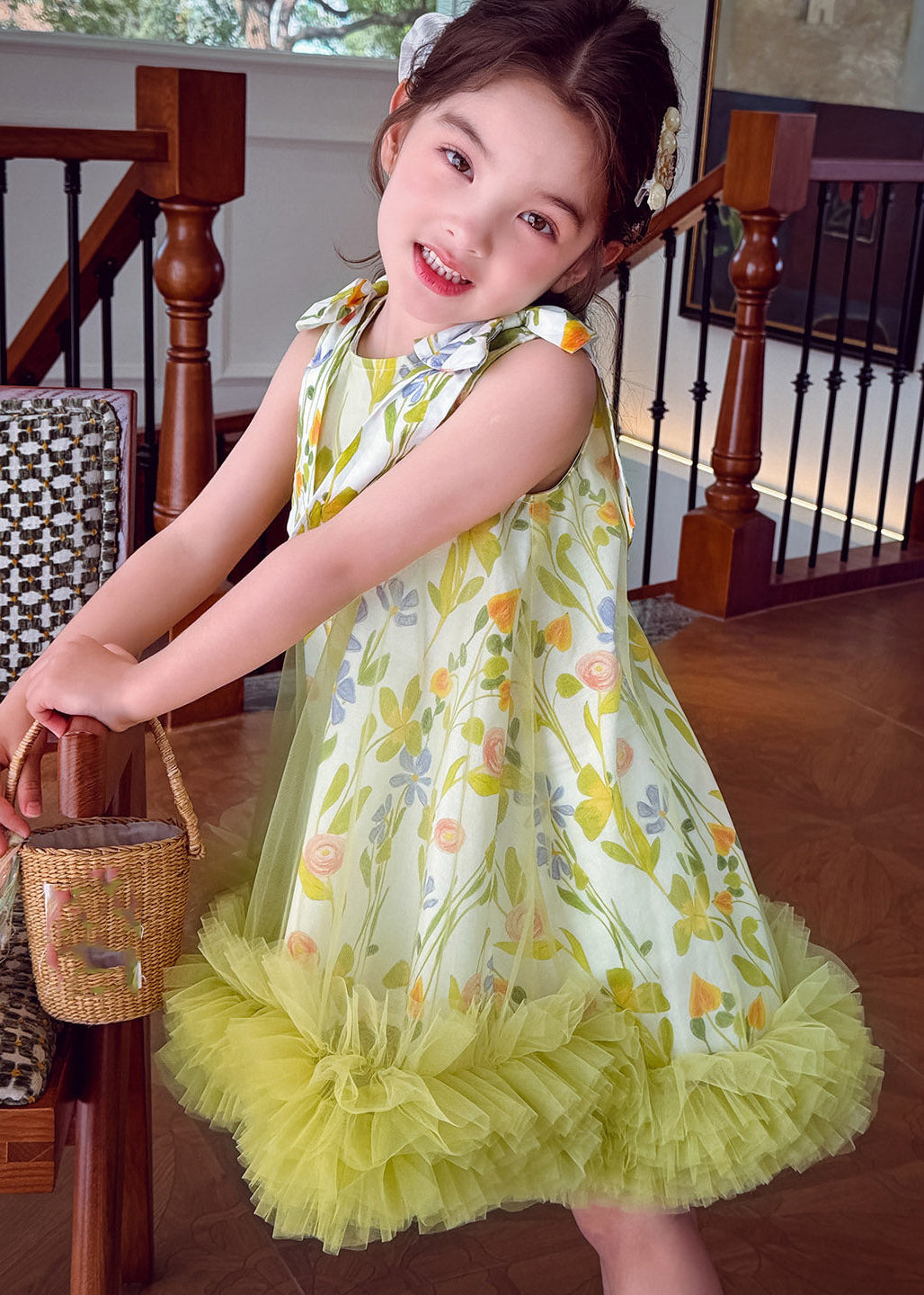 Handmade Light Green Print Patchwork Tulle Girls Maxi Dress Summer