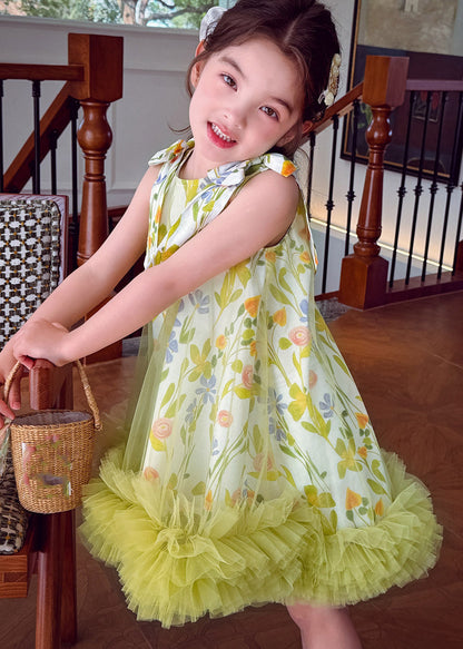 Handmade Light Green Print Patchwork Tulle Girls Maxi Dress Summer