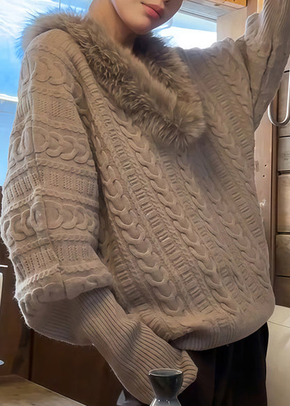 Handmade Light Grey Fur Collar Grey Cotton Knit Sweaters Batwing Sleeve