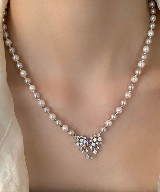 Handmade Light Pink Butterfly Zircon Pearl Adjustable Alloy Pendant Necklace