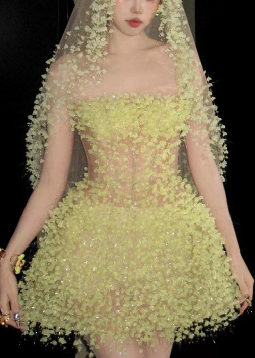 Handmade Light Yellow Strapless High Waist Tulle Mid Dress Sleeveless