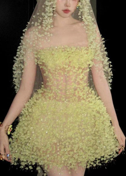 Handmade Light Yellow Strapless High Waist Tulle Mid Dress Sleeveless