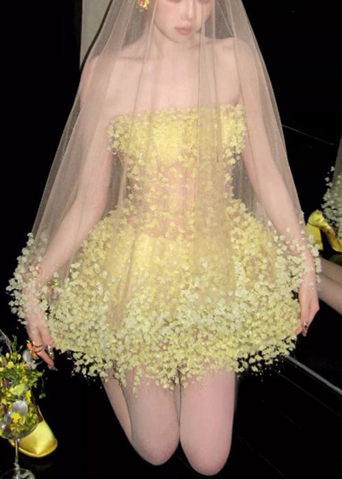 Handmade Light Yellow Strapless High Waist Tulle Mid Dress Sleeveless