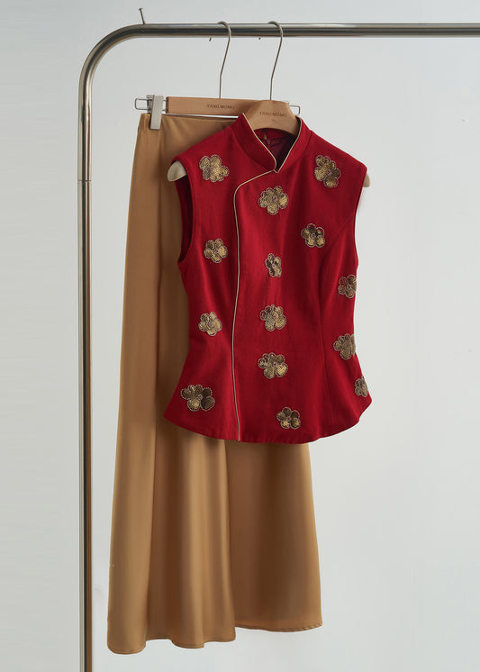 Chalecos de algodón con lentejuelas y flores de cuello mandarín de morera hechos a mano para primavera