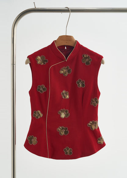 Chalecos de algodón con lentejuelas y flores de cuello mandarín de morera hechos a mano para primavera