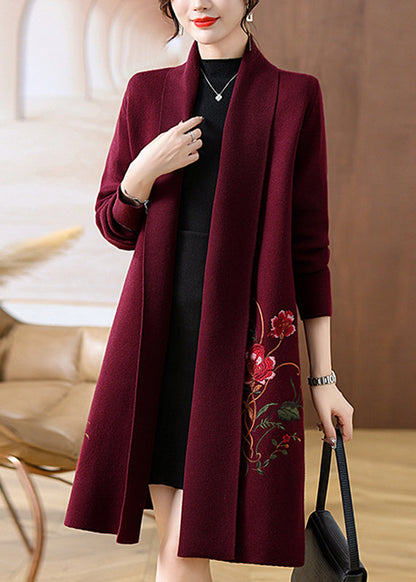 Handmade Mulberry V Neck Print Woolen Long Coat Spring