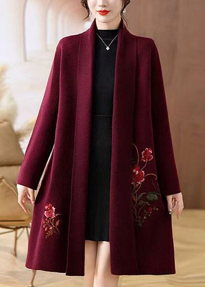 Handmade Mulberry V Neck Print Woolen Long Coat Spring