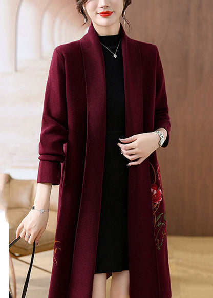 Handmade Mulberry V Neck Print Woolen Long Coat Spring