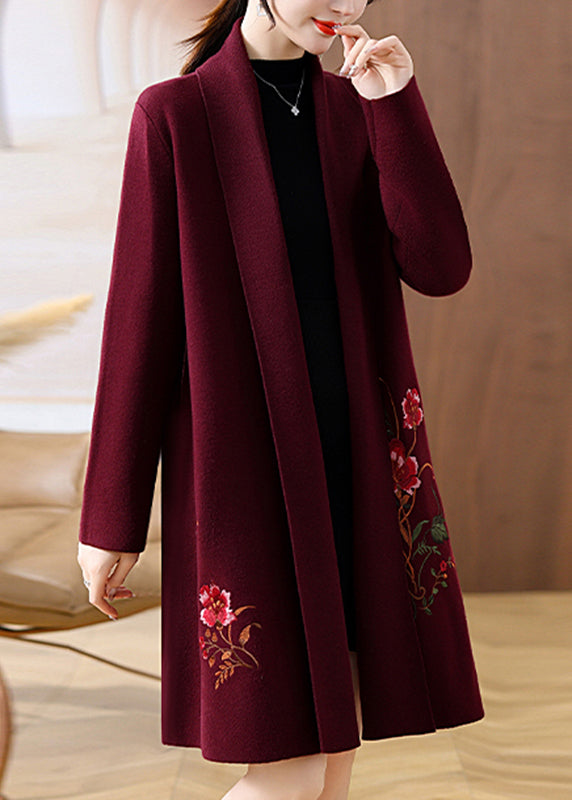 Handmade Mulberry V Neck Print Woolen Long Coat Spring