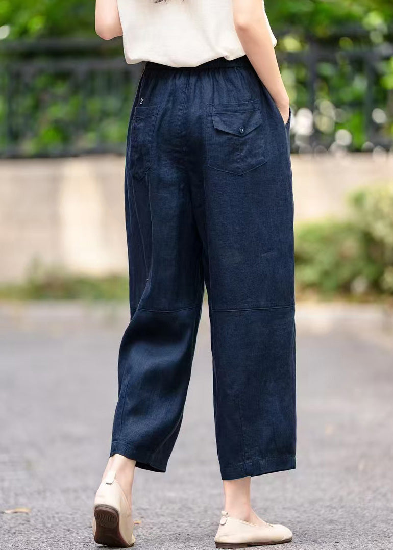 Handmade Navy Pockets Elastic Waist Linen Crop Pants Summer