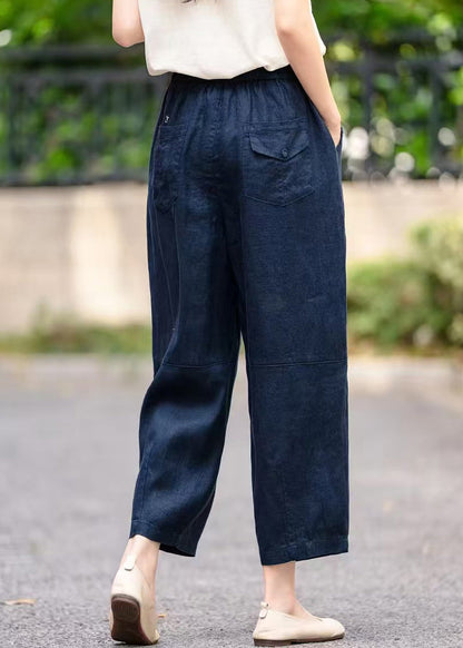 Handmade Navy Pockets Elastic Waist Linen Crop Pants Summer