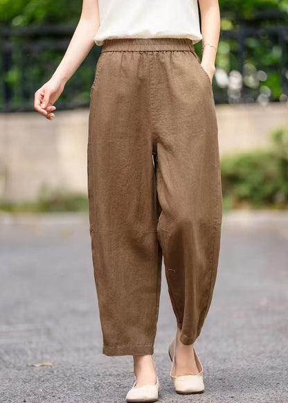 Handmade Navy Pockets Elastic Waist Linen Crop Pants Summer