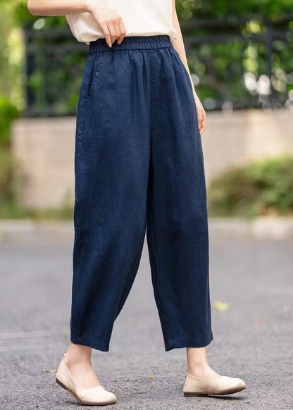 Handmade Navy Pockets Elastic Waist Linen Crop Pants Summer