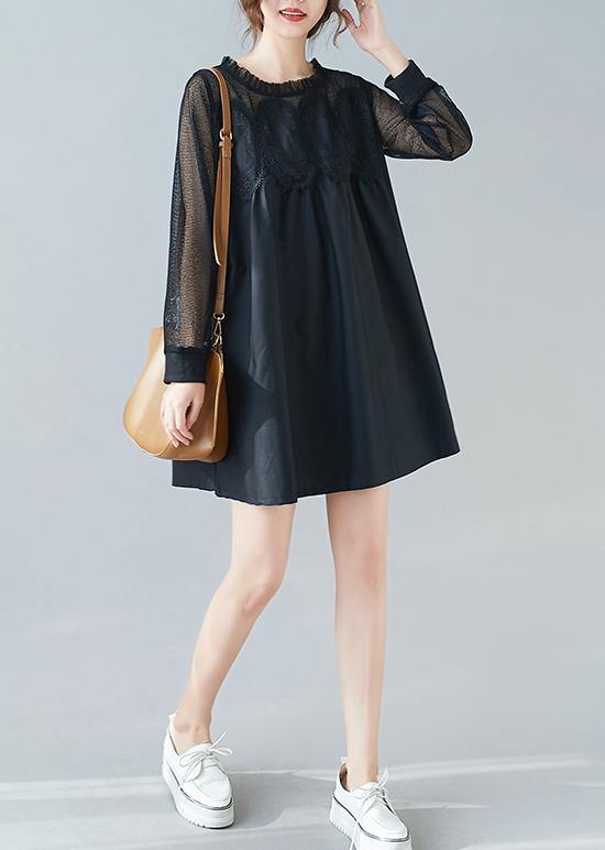 Handmade O Neck Patchwork Lace Dresses Shape Black Dresses - SooLinen