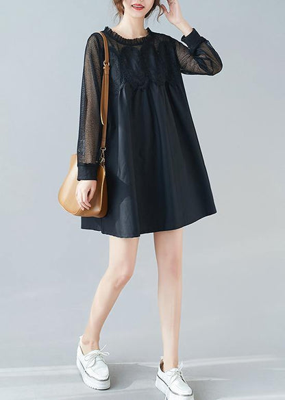 Handmade O Neck Patchwork Lace Dresses Shape Black Dresses - SooLinen