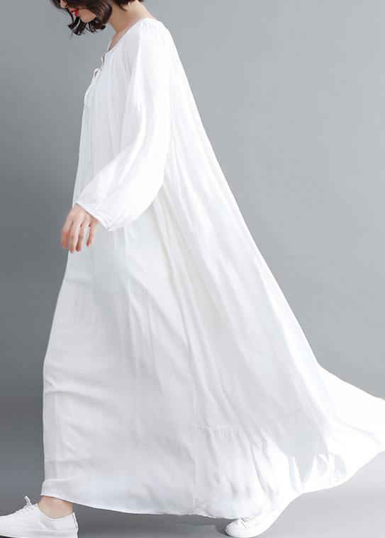 Handmade O Neck large hem Spring Outfit Sleeve White Traveling Dress - SooLinen