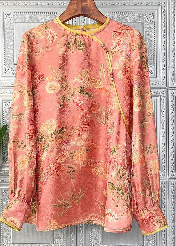 Handgemachte Orange O-Ausschnitt Knopf Patchwork Chiffon Bluse Tops Langarm