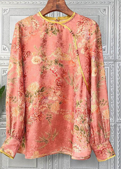 Handgemachte Orange O-Ausschnitt Knopf Patchwork Chiffon Bluse Tops Langarm