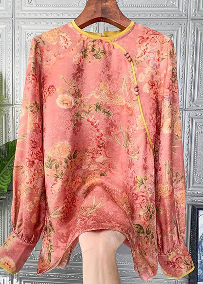 Handgemachte Orange O-Ausschnitt Knopf Patchwork Chiffon Bluse Tops Langarm