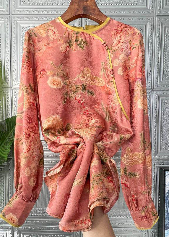 Handgemachte Orange O-Ausschnitt Knopf Patchwork Chiffon Bluse Tops Langarm