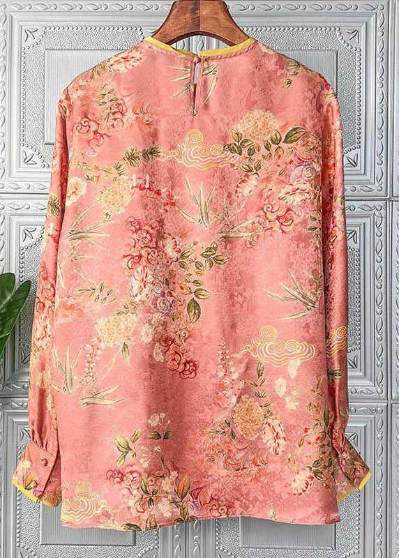 Handgemachte Orange O-Ausschnitt Knopf Patchwork Chiffon Bluse Tops Langarm