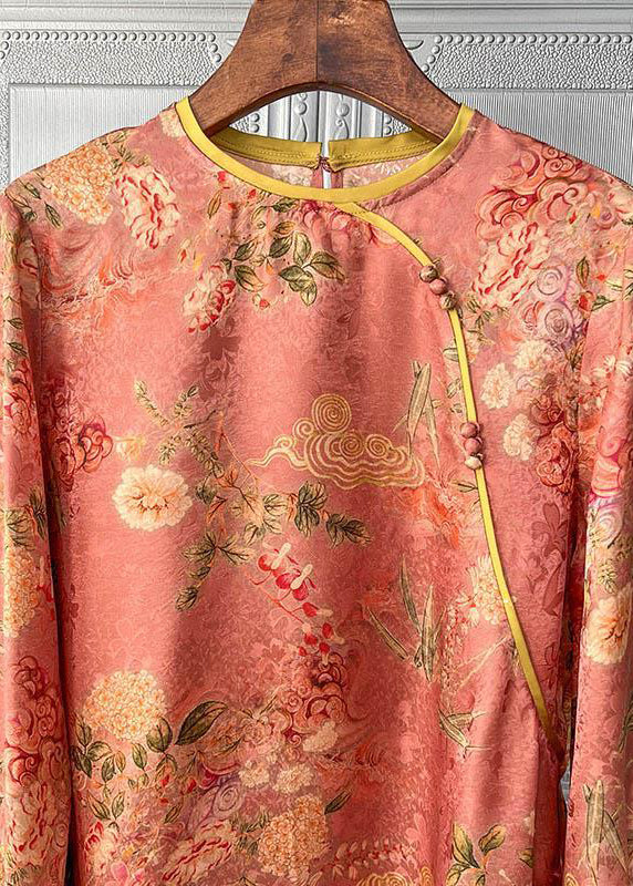 Handgemachte Orange O-Ausschnitt Knopf Patchwork Chiffon Bluse Tops Langarm