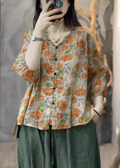 Handmade Orange Ruffled Print Cotton Top Bracelet Sleeve