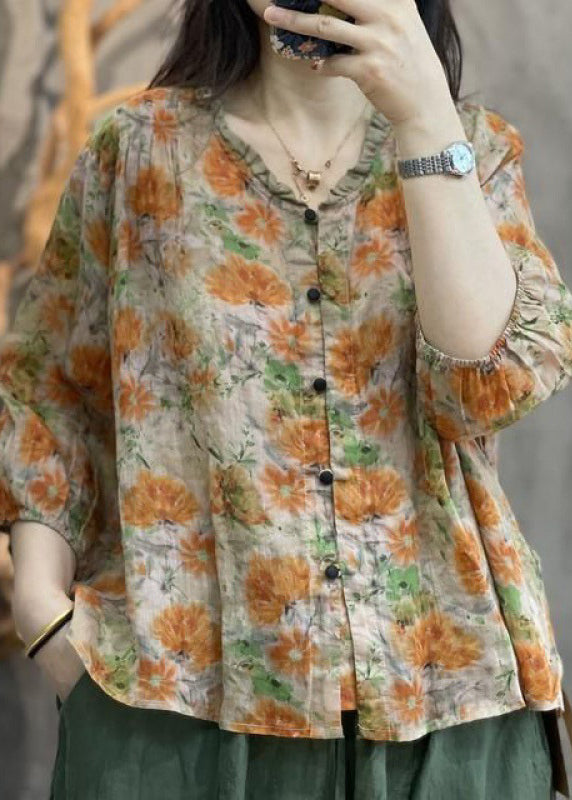 Handmade Orange Ruffled Print Cotton Top Bracelet Sleeve