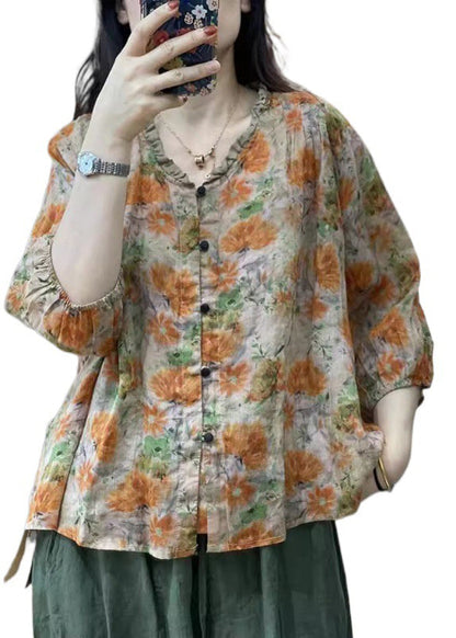 Handmade Orange Ruffled Print Cotton Top Bracelet Sleeve