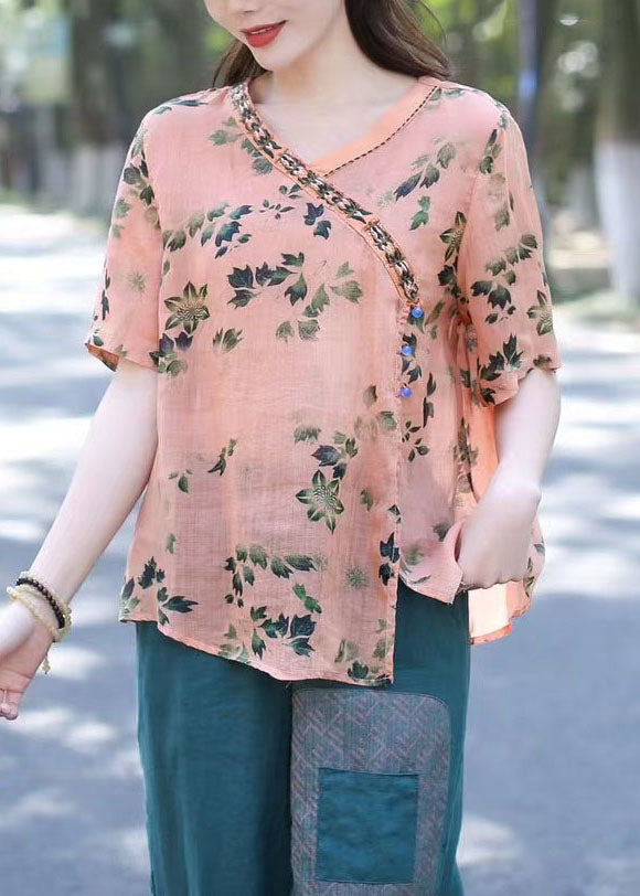 Handgemachte Orange V-Ausschnitt Patchwork Leinenhemden Sommer