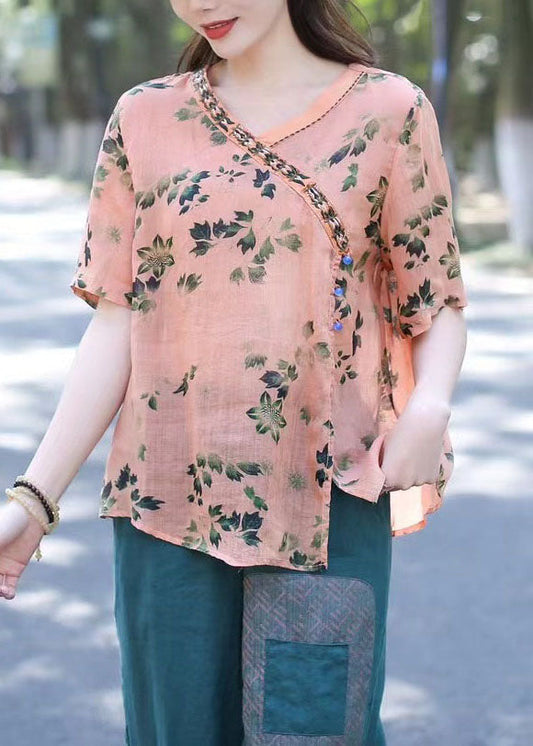 Handgemachte Orange V-Ausschnitt Patchwork Leinenhemden Sommer