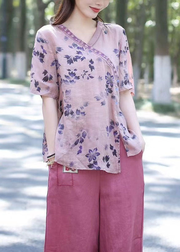 Handgemachte Orange V-Ausschnitt Patchwork Leinenhemden Sommer