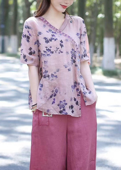 Handgemachte Orange V-Ausschnitt Patchwork Leinenhemden Sommer