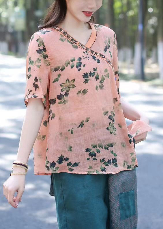 Handgemachte Orange V-Ausschnitt Patchwork Leinenhemden Sommer