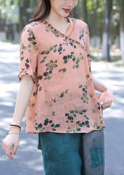 Handgemachte Orange V-Ausschnitt Patchwork Leinenhemden Sommer