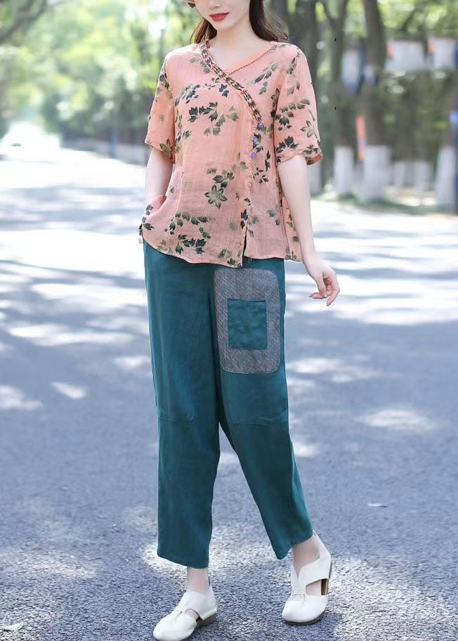 Handgemachte Orange V-Ausschnitt Patchwork Leinenhemden Sommer