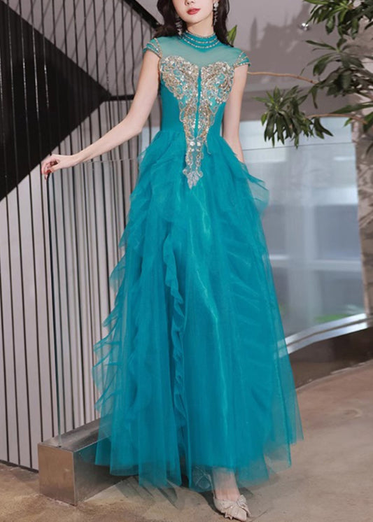 Handmade Peacock Blue Nail Bead Ruffled Tulle Party Dress Summer