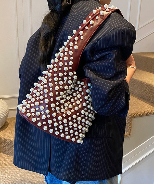 Handmade Pearl Large Capacity Faux Leather Satchel Handbag