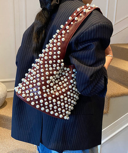 Handmade Pearl Large Capacity Faux Leather Satchel Handbag