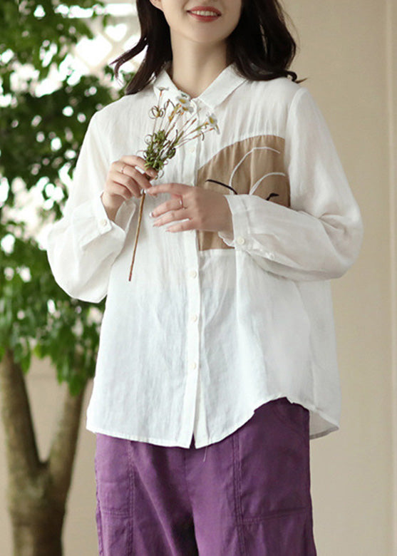 Camisas de manga larga hechas a mano con cuello Peter Pan y botones bordados de ramio