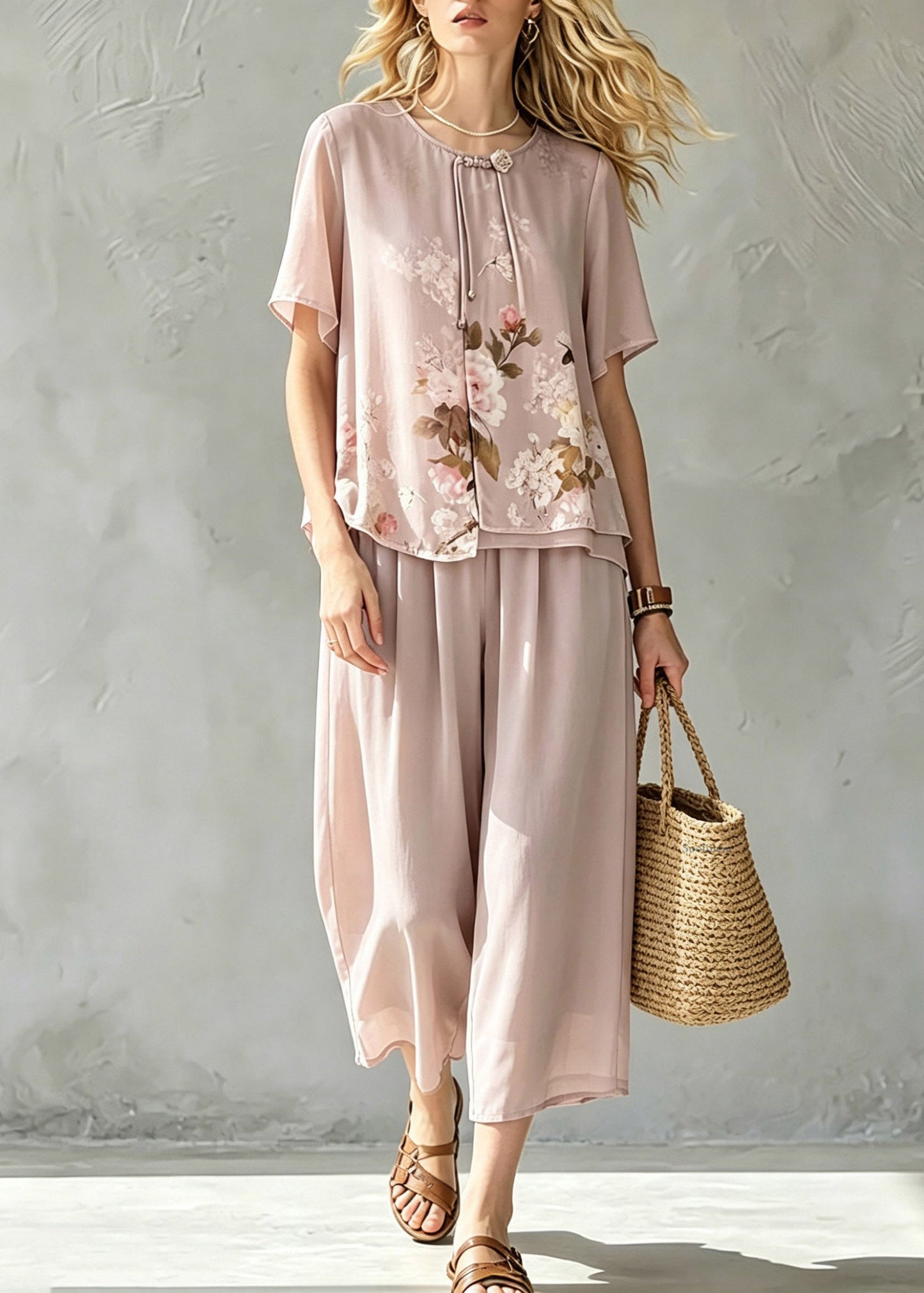 Handmade Pink Asymmetrical Print Chiffon T Shirt And Cop Pants Short Sleeve