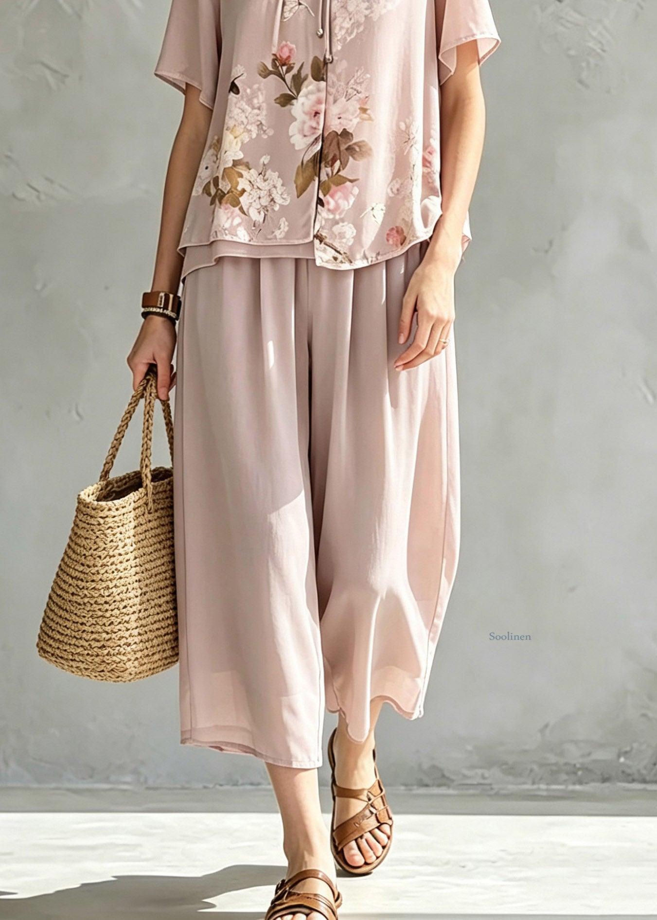 Handmade Pink Asymmetrical Print Chiffon T Shirt And Cop Pants Short Sleeve