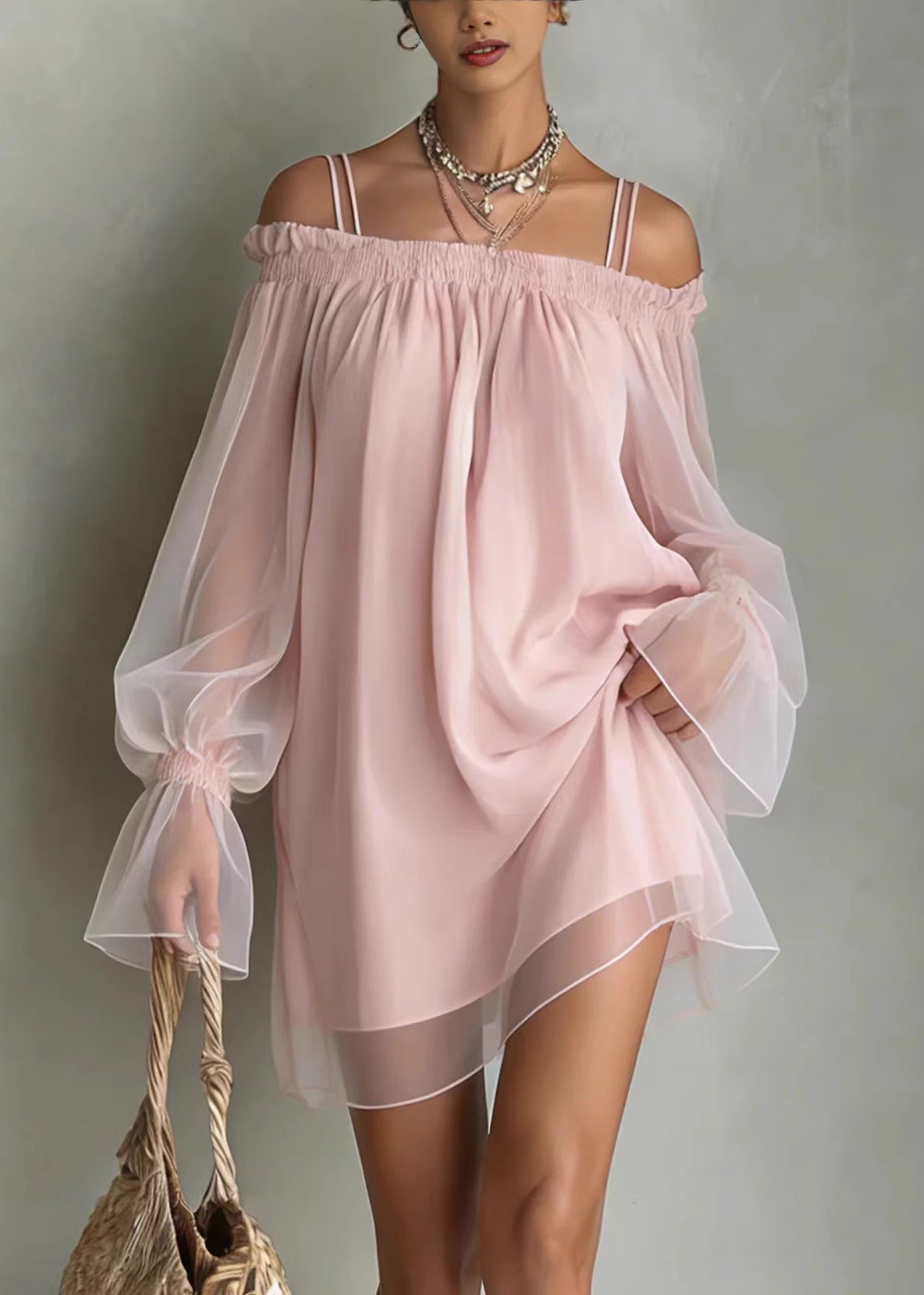 Handmade Pink Cold Shoulder Ruffled Patchwork Chiffon Dresses Long Sleeve
